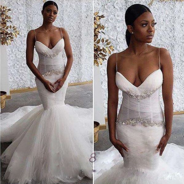 

африканская русалка свадебные платья с бисером блестки спагетти черный девушки свадебные платья boho robe de mariee дешевые плюс размер свад, White