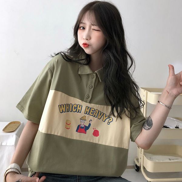 

japanese sweet short-sleeve t-shirt female 2020 new summer turn down collar cartoon print wild casual pullover preppy style, White