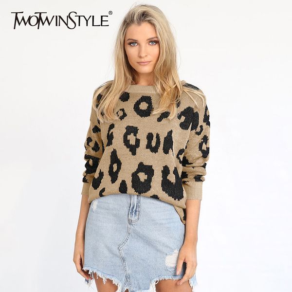 

twotwinstyle leopard casual women's sweater o neck lantern sleeve pullovers knitting autumn sweaters female 2019 fashion new, White;black