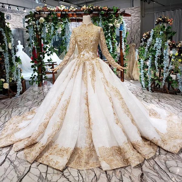 

2019 последние мусульманские свадебные платья класса люкс hnad made 3d золотой аппликацией с длинным рукавом из тюля с высокой шеей зашнуров, White