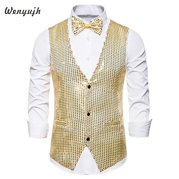 

wenyujh men vests suits 2019 fashion slim fit sequins gold colorful stage men casual business wedding vest male plus size s-2xl, Black;white