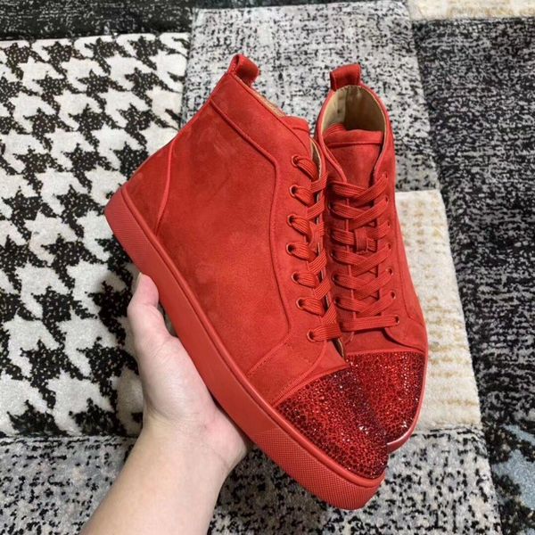 

red suede leather with rhinestone red bottom casual brand designer mens fashion strass sneakers man trainers, Black