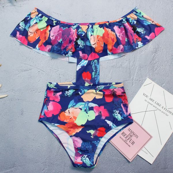 

роскошный дизайнер оборками купальники для женщин с плеча бикини печати one piece купальник женщина пляжная дамы пляж плавать одежда купальн