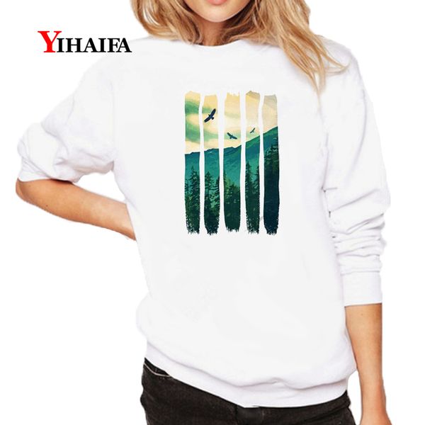 

spring fall sweatshirt women long sleeve hoodie bird tree mountain 3d graphics sweatshirts ladies casual white tracksuit, Black
