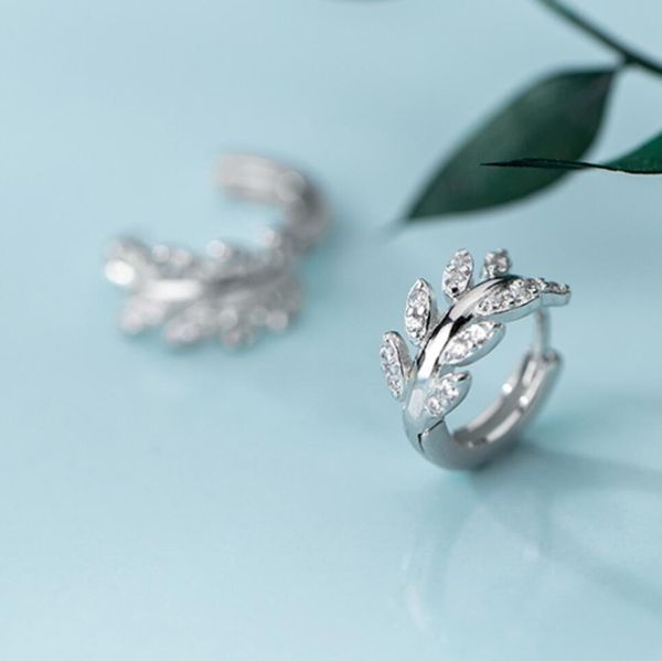 

925 sterling silver fashion jewelry branch leaves cz huggie hoop earrings women a1169, Golden;silver