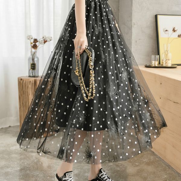 

2020 new mesh women long skirt elegant spring summer a line pearl high waist korean female party tulle midi pleated skirt, Black