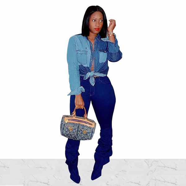 

women autumn turn-down collar single-breasted shirt casual long sleeve pocket patchwork denim blouse solid color plus size shirt, White