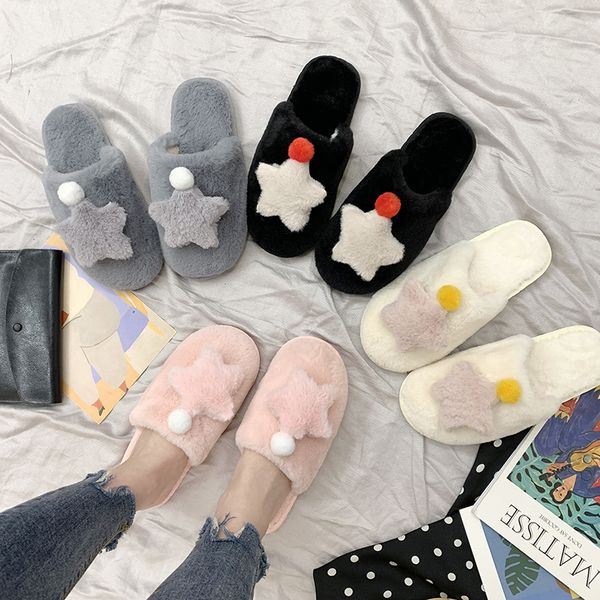 

home slippers women's winter footwear low shoes woman 2019 fur flip flops flock pantofle luxury slides massage plush new flat, Black
