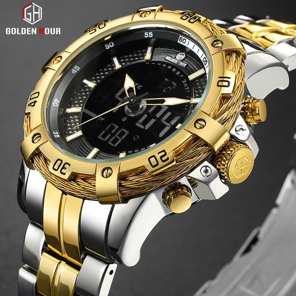 

goldenhour mens digital analog watch luxury fashion sport waterproof two tone stainless steel male watch clock relogio masculino, Slivery;brown