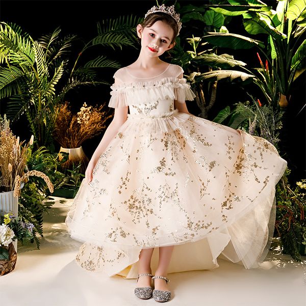 

2020summer luxury new children girls sequined champagne color evening party birthday ceremony princess long tail costumes dress, Red;yellow