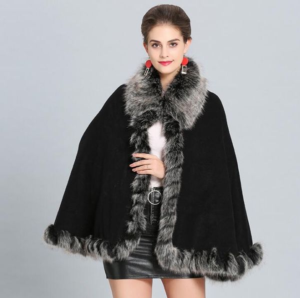 

europe autumn winter women's knitted cloak cape faux fur collar loose knitwear ponchos lady's cardigan knitwear poncho c3904, Black
