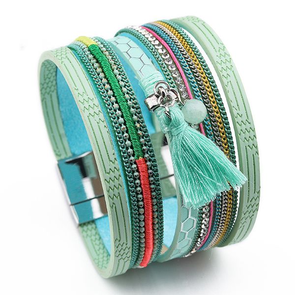 

2019 new handmade bohemain rhinestone wide leather wrap bracelet women men multilayer rope cuff bracelets with tassel pulsera, Golden;silver