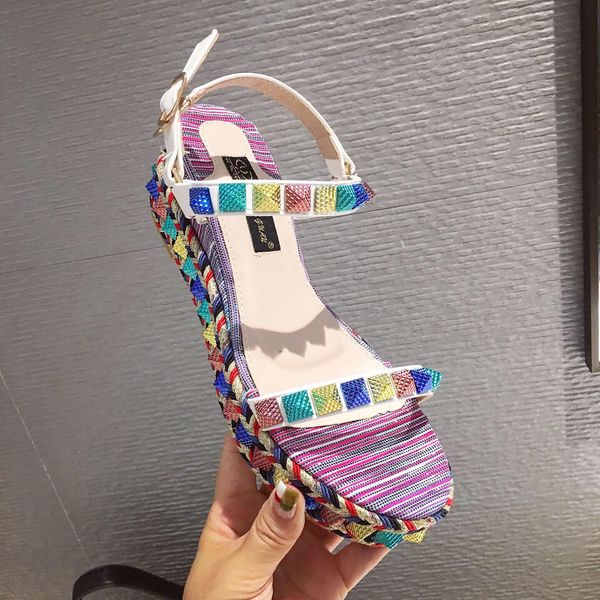 

lavender colorful rivets platform wedge high heels shoes women designer sandals size 35 to 40 tradingbear, Black