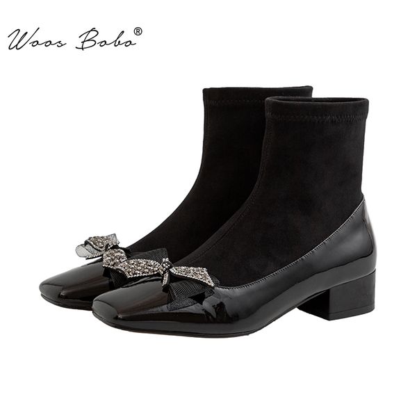 

stretch socks boots women patent leather rhinestones bow ankle boots ladies 2019 autumn/winter fashion square toe women, Black