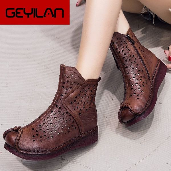 

summer women ankle boots handmade genuine leather hollow out sandals flat women's shoes soft bottom women boots, Black