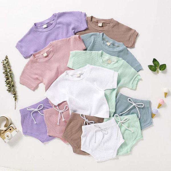 

2020 baby summer clothing infant baby girl boy clothes short sleeve t-shirt+shorts pants ribbed solid kids outfits, White