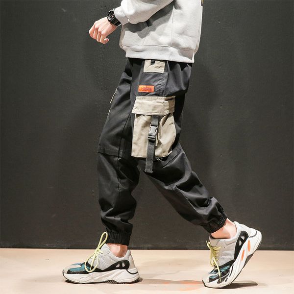 

fashion men cargo pants patchwork multi-pockets mens pants casual men pantalones hombres, Black