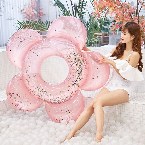 

140cm float circle pvc outdoor swimming ring seat adults summer pool sparkles flower with glitter water party inflatable tube