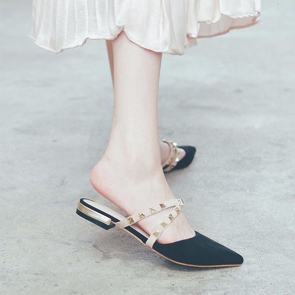 

fashion woman rivet slides summer pointed toe suede slippers female outside casual sandals shoes low heel slippers nice, Black