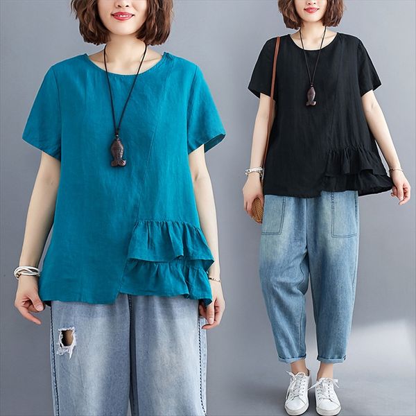 

2020 artistic round collar loose western style sweet t- doll cotton linen lotus leaf doll shirt cotton and linen t-shirt female, White