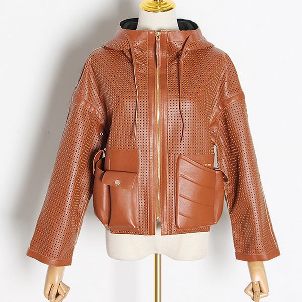 

casual hollow out faux leather jackets for women hooded long sleeve function pocket coats female fashion clothing, Black