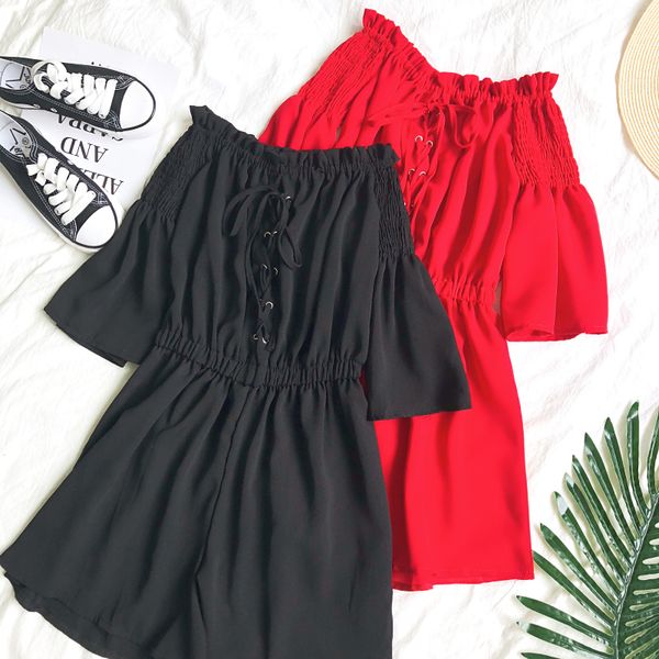 

women elastic slash neck rompers flare sleeve ruffles jumpsuits casual short lace up bandage wrapped rope beach bow playsuits, Black;white
