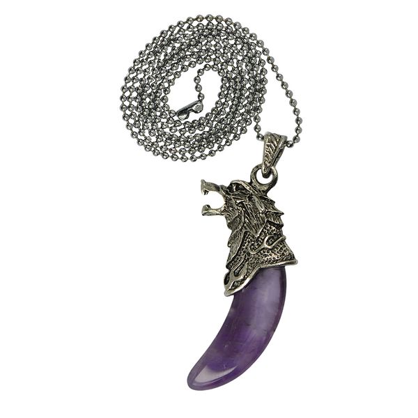 

mens tooth head amethyst pendant ball chain necklace purple, Silver