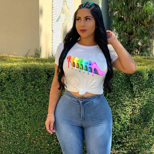 

2020 ladies t shirts summer colorful print short sleeve round neck pullover shirt women casual loose clothes fashion sweatshirt ly328, White