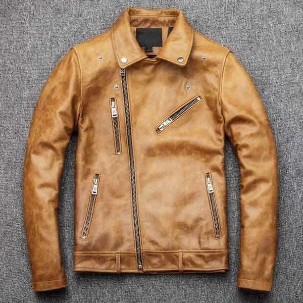 

men genuine leather jacket fashion solid lapel collar outerwear casual pocket zipper motorcycle coats male s-4xl, Black