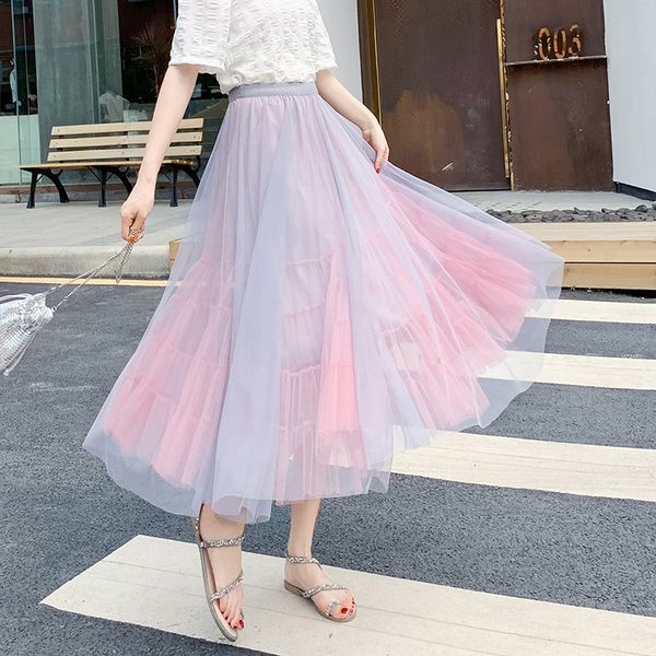

autumn tulle bubble skirt elastic waist multilayer gauze patchwork pink blue maxi long women bubble skirt sweet haut women, Black