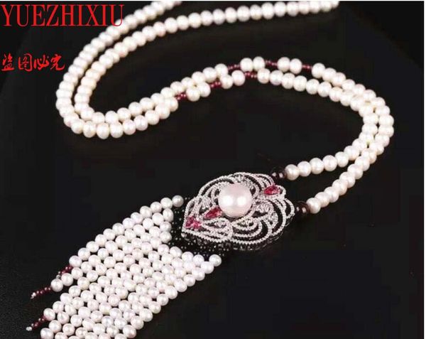 

sell new style 43cm 8-9mm white freshwater pearl necklace zircon sweater chain tassel high tassel pendant 25inch, Silver