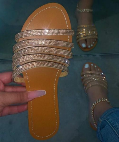 

2020 summer bling bling women handmade gold slippers flat sandals rhinestone beach slippers open toecomfortable silver slides, Black
