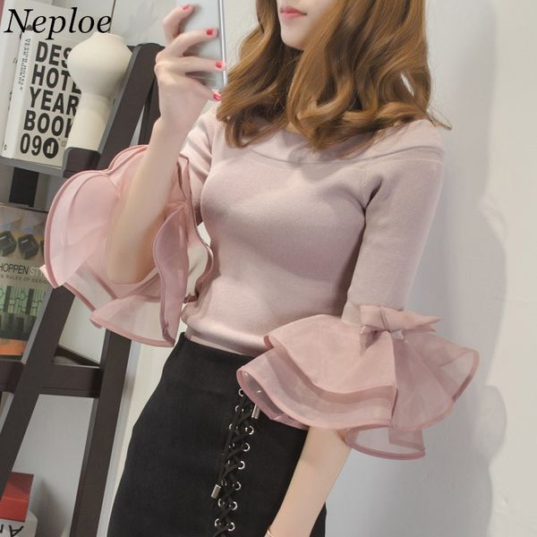 

neploe корейской моды sexy рассечения шея женщина свитер +2018 недавно flare рукав лоскутного лука пуловеры streetwear трикотаж 66934, White;black