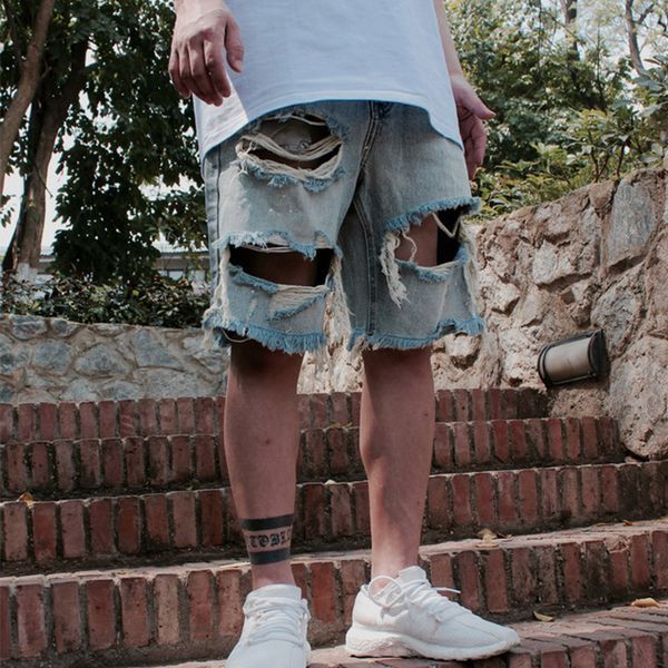 

men's jeans new summer hip hop sweat denim shorts casual joggers elastic waist trousers destroyed frazzle jeans shorts men, Blue