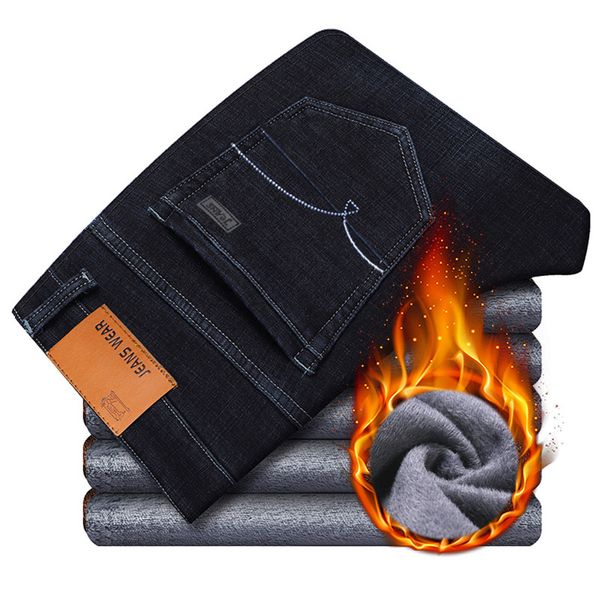 

lguc.h warm velvet male jeans 2019 winter jeans men business casual straight mens black stretch denim plus large size 6xl, Blue