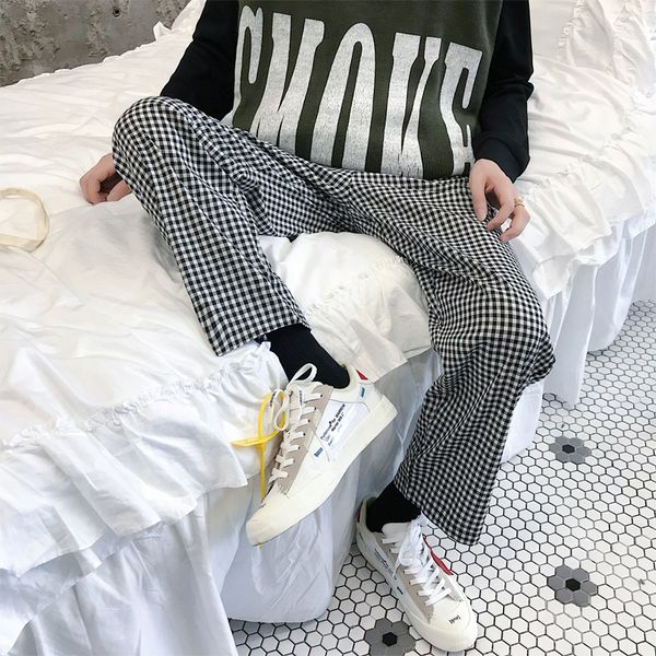 

2019 spring and summer new korean cotton couple harajuku loose solid color printing lattice casual dating trousers, Black