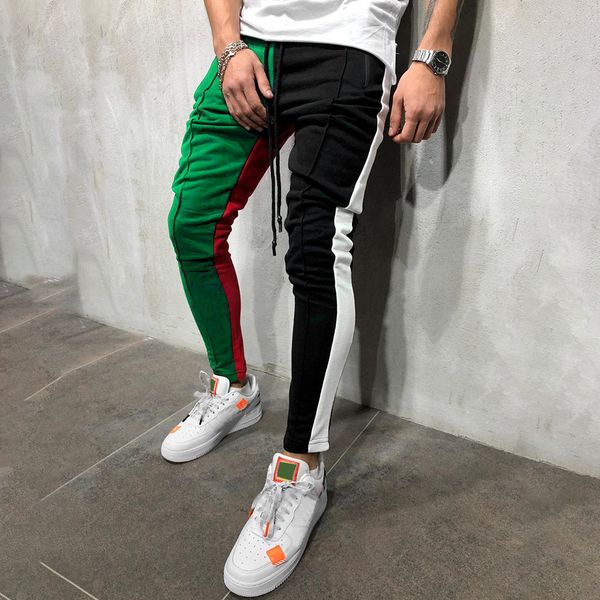 

mens slim fit sweatpants drawstring striped track pants color block patchwork jogging pant sports hip hop trousers long slacks, Black