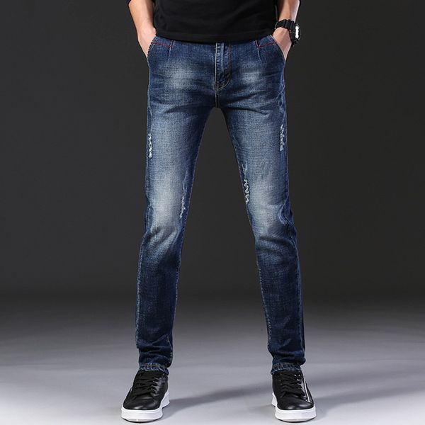 

men's jeans slim fit denim scratched pure color cotton vintage wash hip hop work trousers pants more#g3, Blue