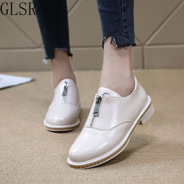 

fashion oxfords women shoes woman solid patent leather casual shoes for women flats plus size platform slip on zip ladies, Black
