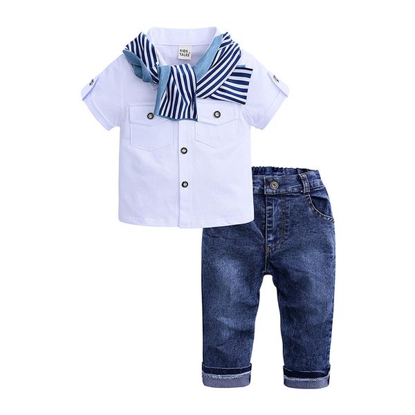 

baby boy clothes casual t-shirt+scarf+jeans 3pc baby clothing set summer child kids costume for boys 2020 toddler boys clothes, White