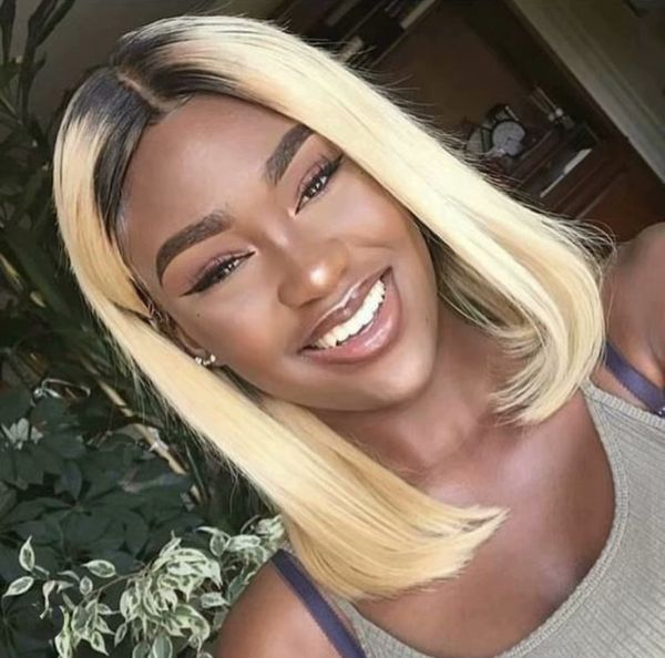 Dark Root 1b 613 Ombre Full Lace Wigs Short Bob Human Hair Ombre