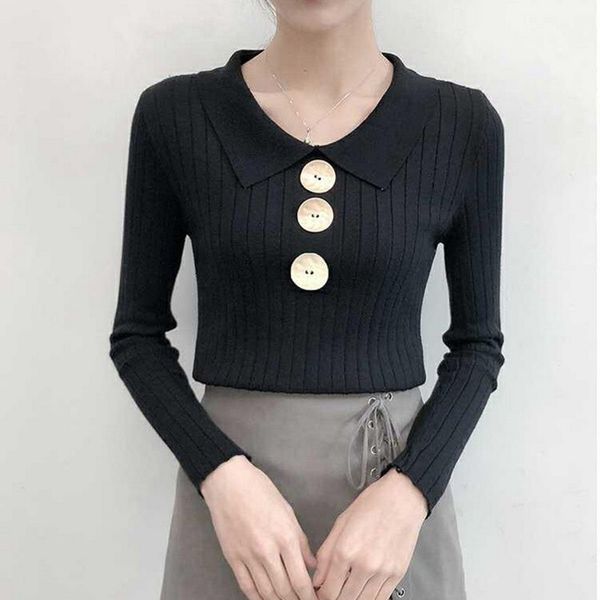 

women autumn winter solid color slim long-sleeved lapel button slim bottom knit sweater, White;black