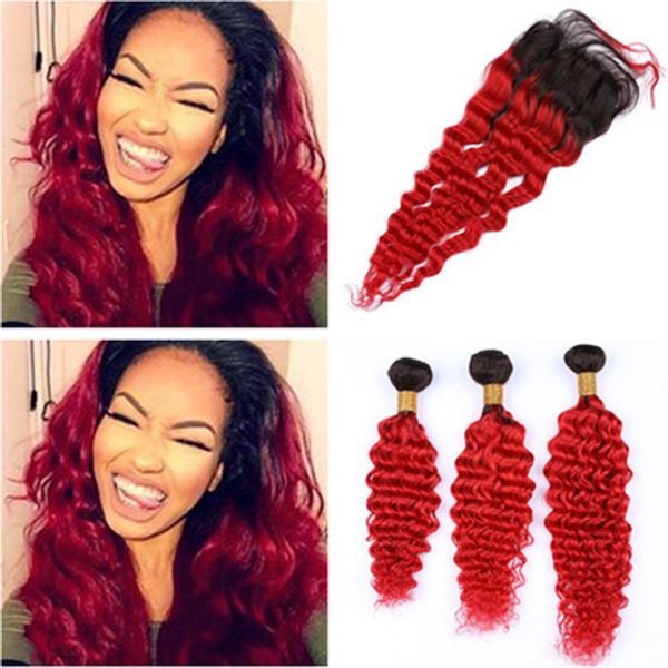 1b Red Ombre Deep Wave Peruvian Human Hair Weaves With 4x4 Front