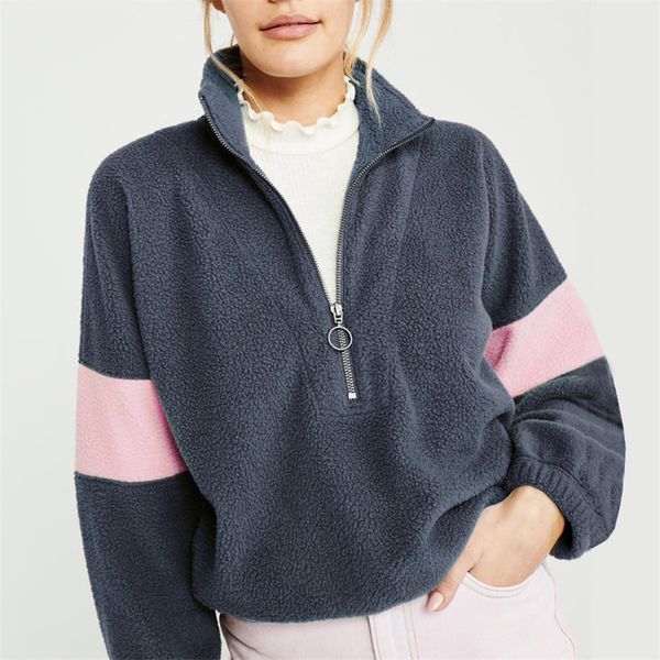 

women zip details casual fashion contrast striped warm polar fleece sports sweatshirt 2019 femme hoodies, Black