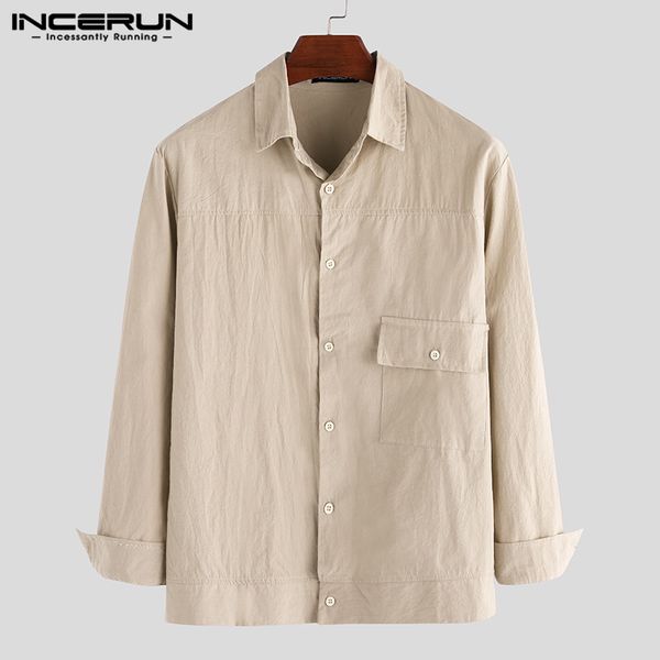 

incerun streetwear men solid color long sleeve lapel shirt casual joker retro comfort cotton button fashion baggy mens blouse, White;black