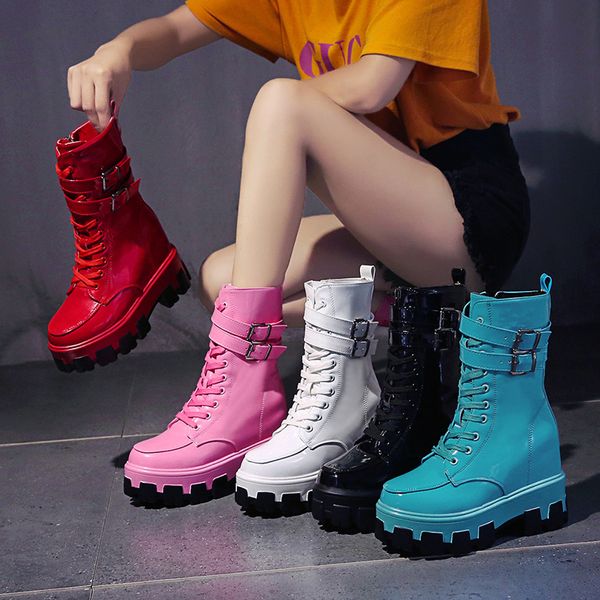 

women's mid-calf fashion candy color patent leather girl 2019 autumn high heels boots for woman winter shoes mx200508, Black