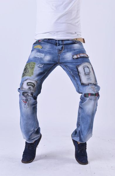 

selling pure cotton men's trousers trend washing cotton jeans with holes trend slim fit cowboy pants 8037, Blue