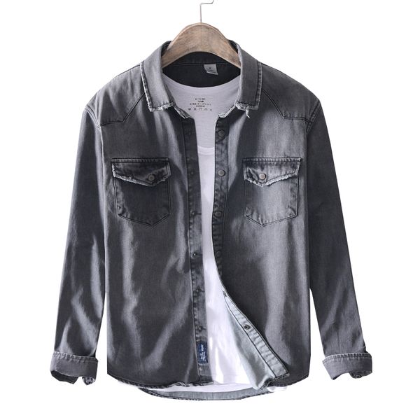 

new italy style long sleeve casual shirt men brand spring fashion shirt mens denim solid gray shirts male jeans shirts camisa, White;black