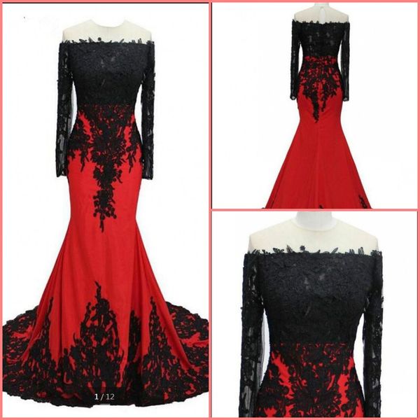 

real picture 2019 mermaid evening dress off the shoulder lace appliques formal evening gowns court train evening dresses prom dresses, Black;red