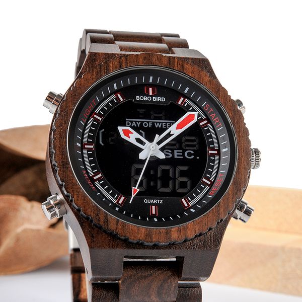 

bobo bird men watch relogio masculino wood wristwatch led dual display auto date luminous hands, Slivery;brown